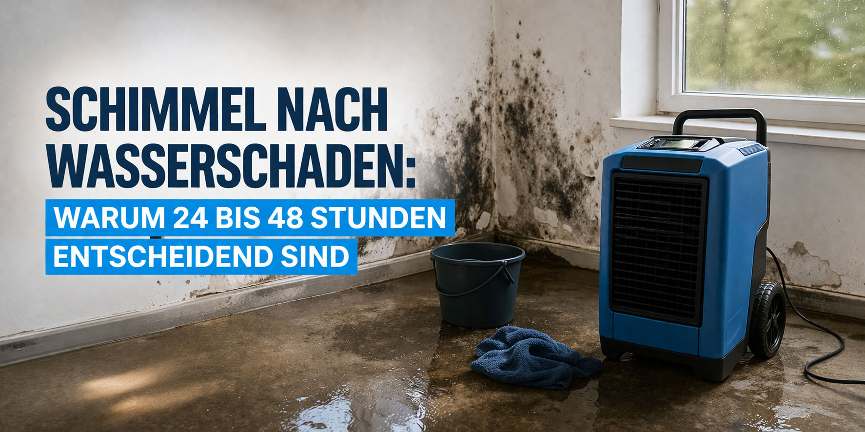 Schimmel nach Wasserschaden an der Wand mit Bautrockner im Raum